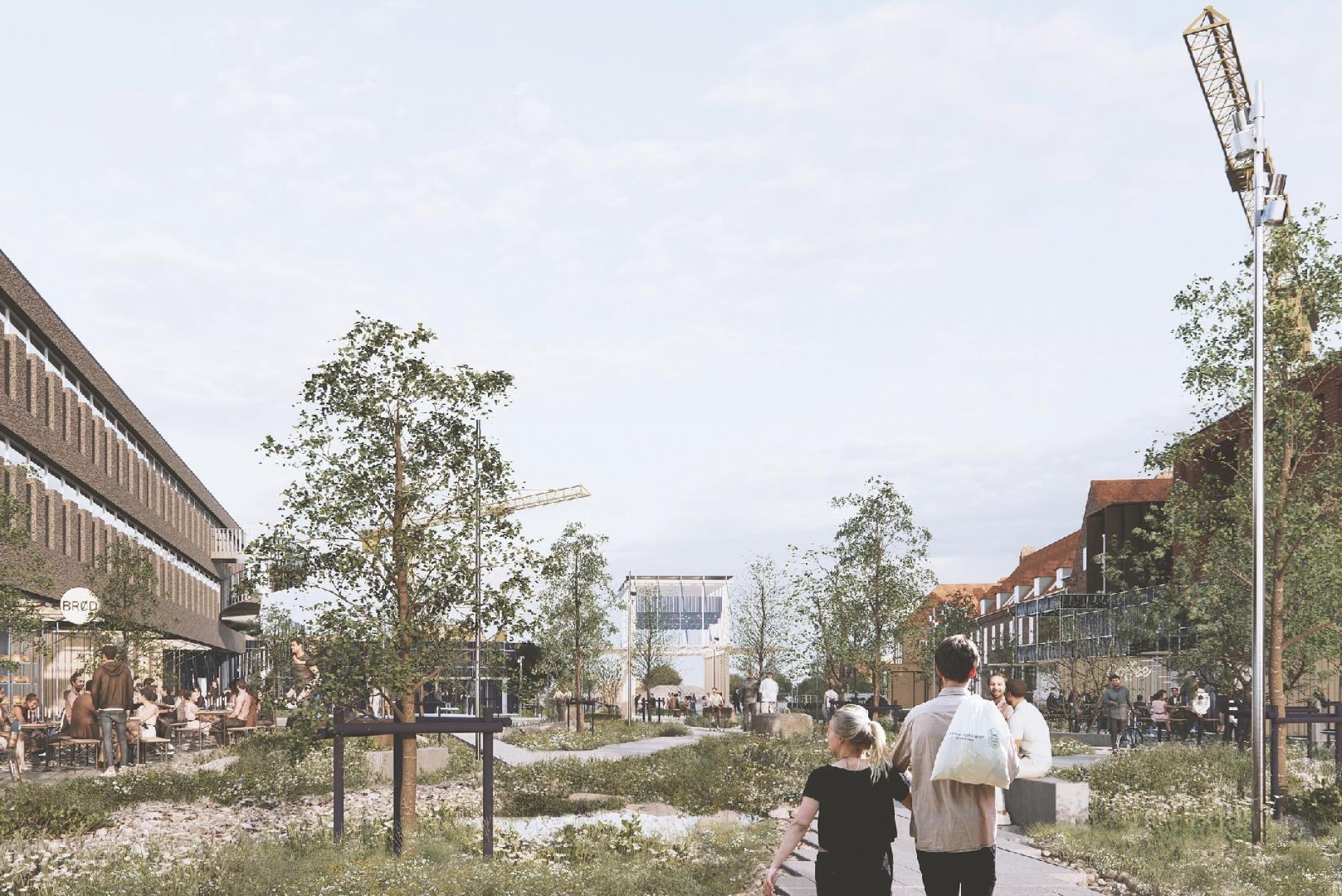 Team Lytts projekt kobler sig til de 17 verdensmål, når det gælder fællesskab, biodiversitet, grønne offentlige rum og genbrug af byggematerialer. Her en visualisering undervejs i udviklingen af byrummet. Visualisering: Team Lytt