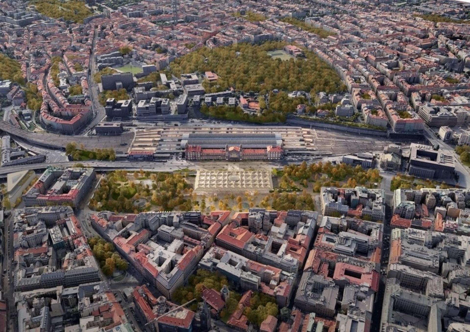 Parken, den nye terminalbygning og hovedbanegården i Prag set oppefra. Visualisering: BloomImages