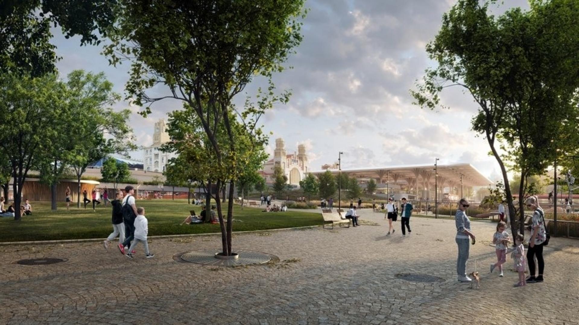 Vrchlického Sady Parken er forbindelsesled mellem byens centrum og hovedbanegården. Den vil blive revitaliseret med forskellige zoner til ophold og aktivitet. Visualisering: Vivid Vision