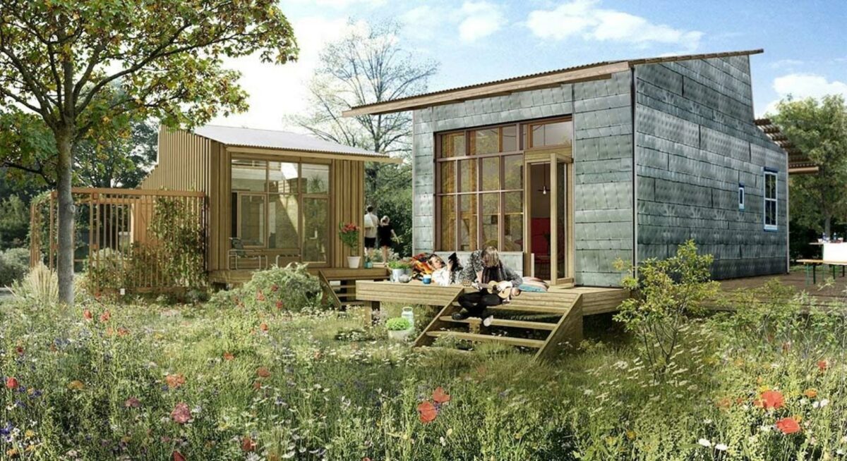 Beboerne i de kommende tiny houses skal forsøge at vise, hvordan man kan bygge, bo og leve bæredygtigt i mindre huse der bl.a. benytter alternative energiformer. Visualisering: Vandkunsten