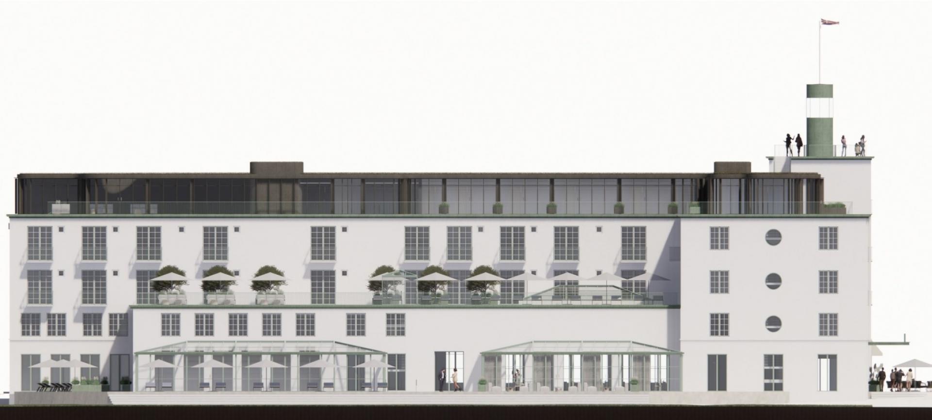 Også på sydsiden af hotellet ønsker bygherren at etablere nye glasoverdækninger. Illustration fra helhedsplan: Nvmbr Architects