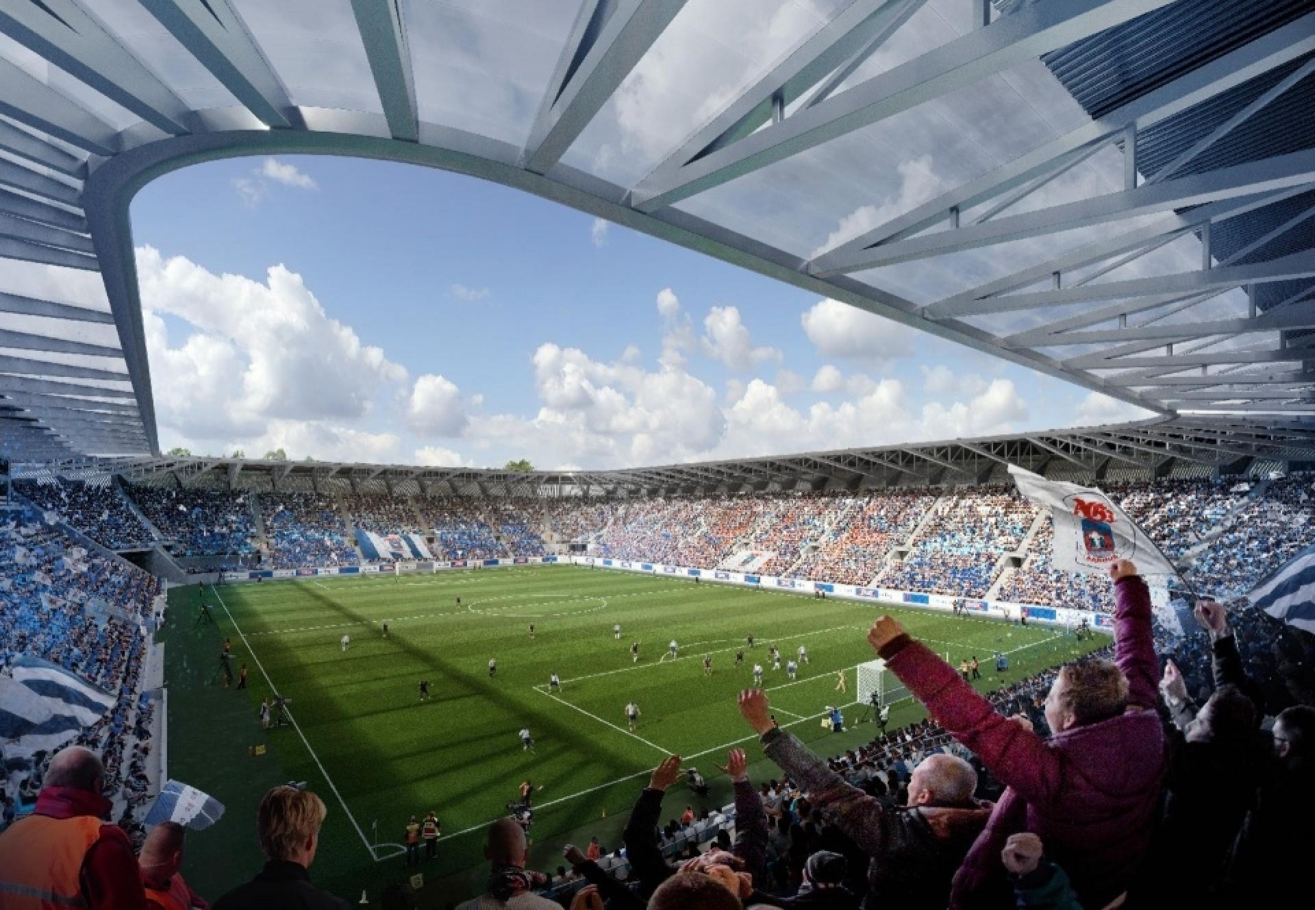 Fra midten af 2026 rykker den aarhusianske fodboldfest ind på det nye stadion. Visualisering: Zaha Hadid Architects