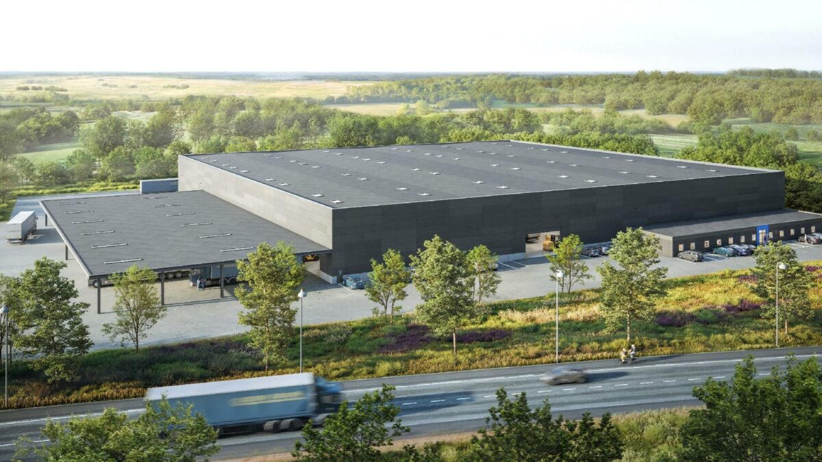 Logistik- og erhvervsområdet i Horsens Vest er i stor udvikling, og nu opføres endnu en logistikejendom i Erhvervspark Vega på Mossvej. Visualiseringer: Nord.