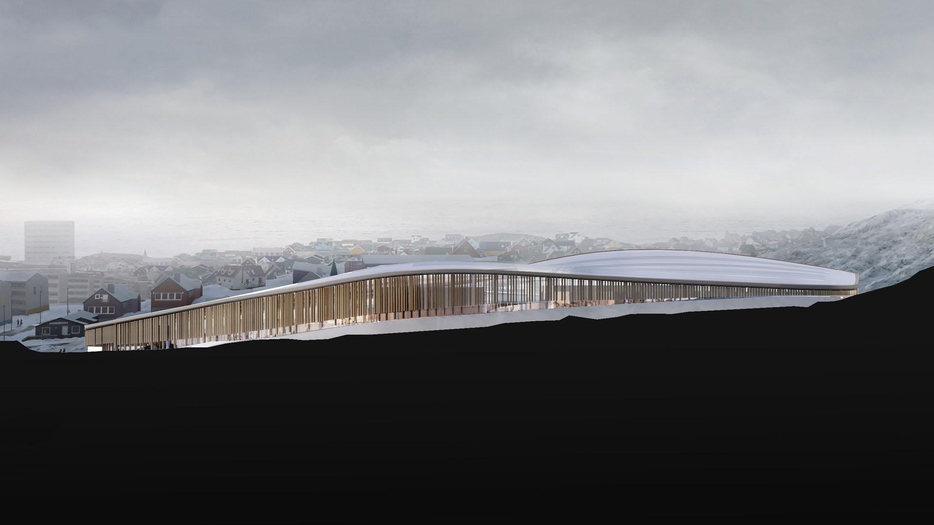 Godthåbshallen skal opføres på et område, der skråner ned mod Nuuk. Det har inspireret Mikkelsen Arkitekter til at skabe et visuelt udtryk, der giver rig mulighed for at kigge ind udefra og følge med i aktiviteterne i hallen. Ligeledes vil det bølgede tag blive forsynet med striber af ovenlysvinduer, der som lysbånd vil kunne ses efter mørkets frembrud.