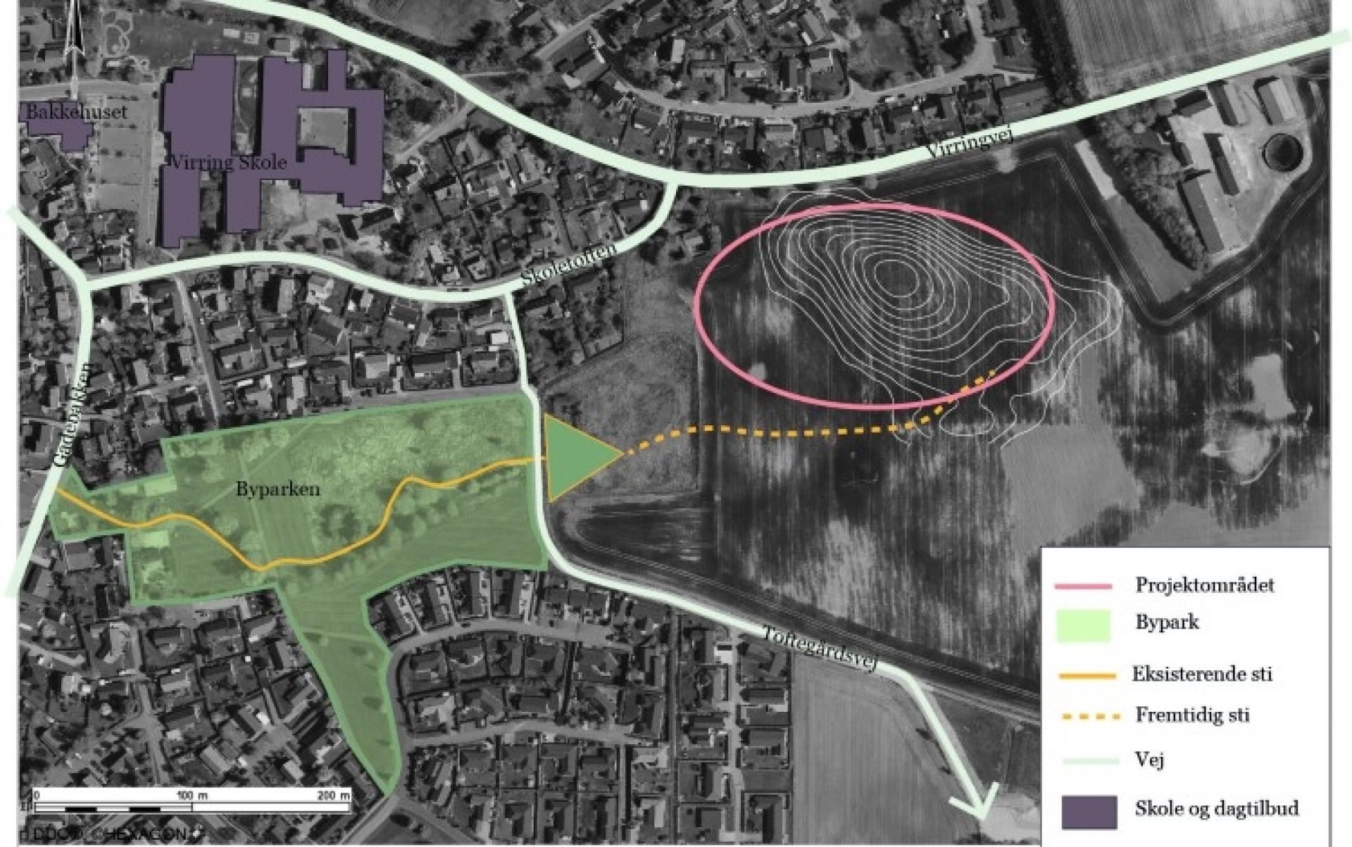 Den nye institution placeres i forlængelse af byparken i Virring. Foto: Skanderborg Kommune.