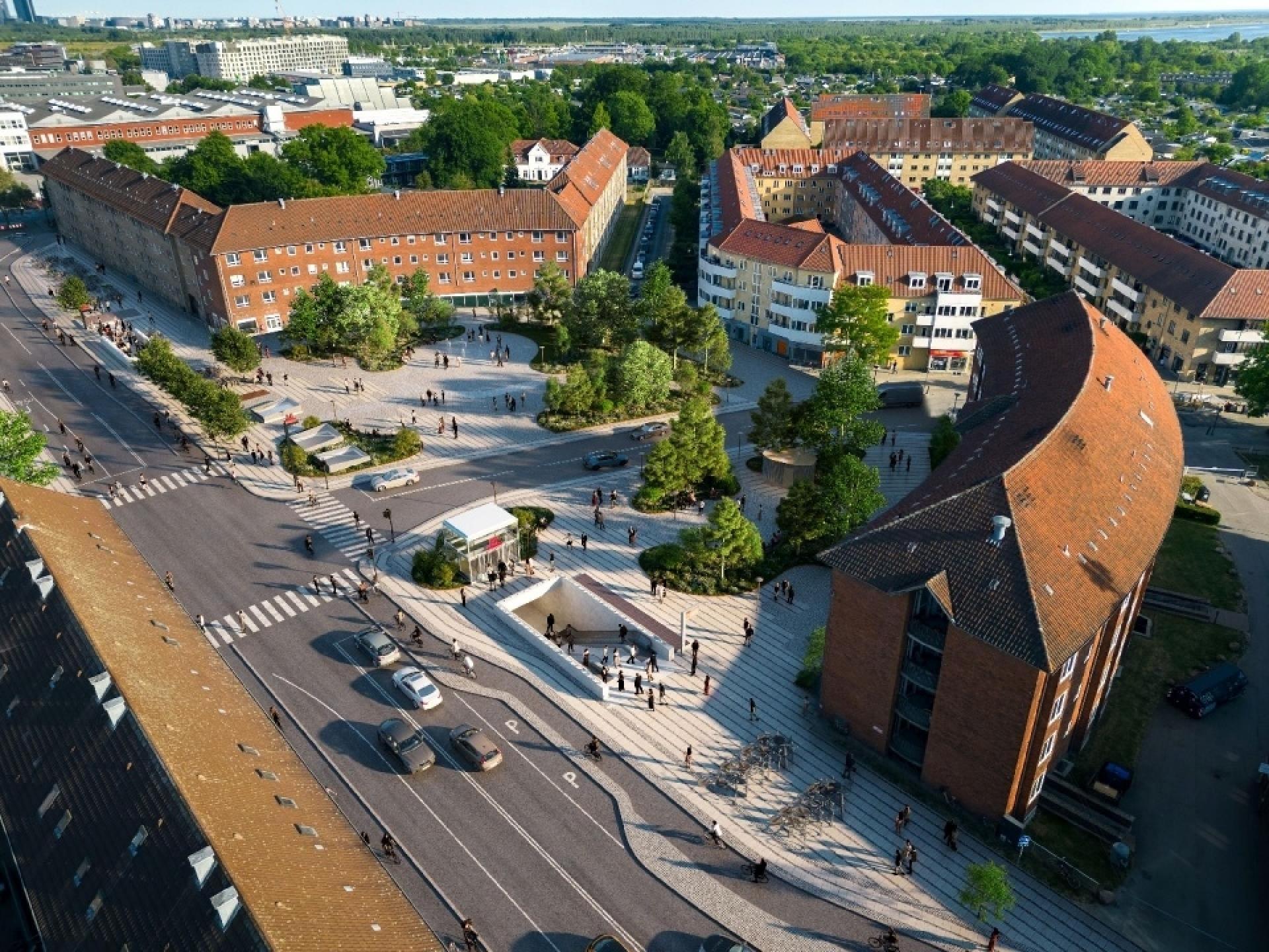 Stationspladsen ved Mozarts Plads skal, når den står færdig til sommer, gerne give en oplevelsen af en bypark frem for på en byplads. Visualisering: SLA Landskabsarkitekter