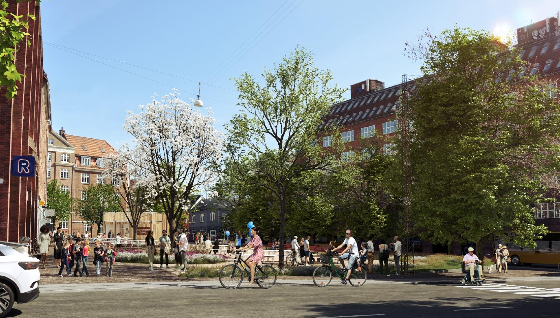 Vesterbro Torv udvides, så der bliver plads til flere træer, blomster og bænke. Klimatilpasning skal gøre torvet mere modtageligt i forbindelse med f.eks. skybrud. Visualisering: Lytt Architecture