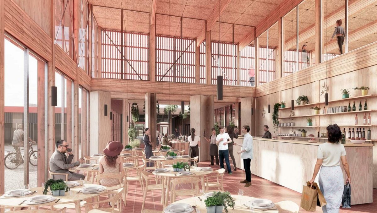 I nytænkningen af Campus Odsherred indgår bl.a. en øvelsesrestaurant med elevkøkken til fødevareuddannelsen samt en renoveret træningssal på 1. sal. Visualisering: Tegnestuen Vandkunsten