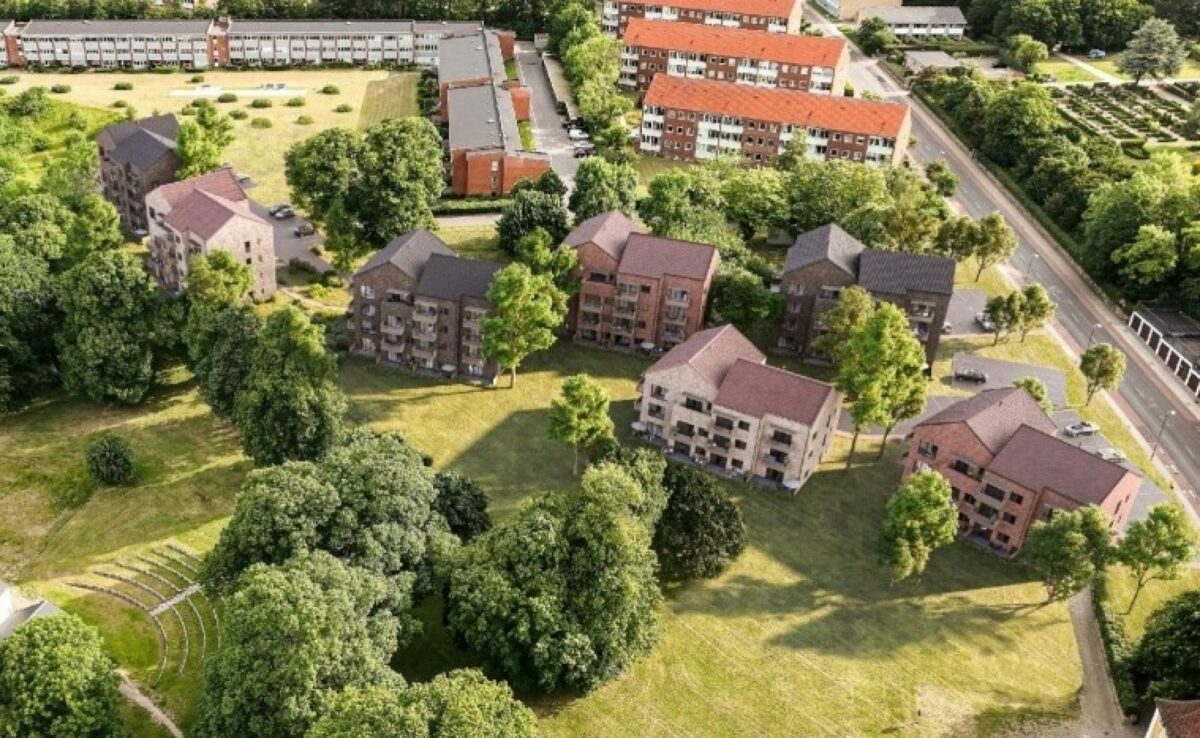 De syv punkthuse i boligområdet Munkesøhuse i Kalundborg bliver ikke blot svanemærkede men formår også at opnå en udledning på 8,4 kilo CO2-ækvivalenter pr. kvadratmeter pr. år. Foto: AP Pension