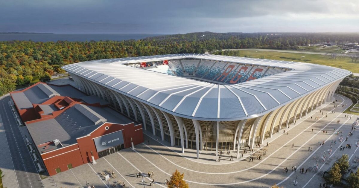 De historiske, røde Stadionhaller, der blev indviet i 1920, bevares og bliver bygget sammen med det nye Aarhus Stadion, som de er med det eksisterende Ceres Park. Nu skal jorden under sikres. Visualisering: Zaha Hadid Architects