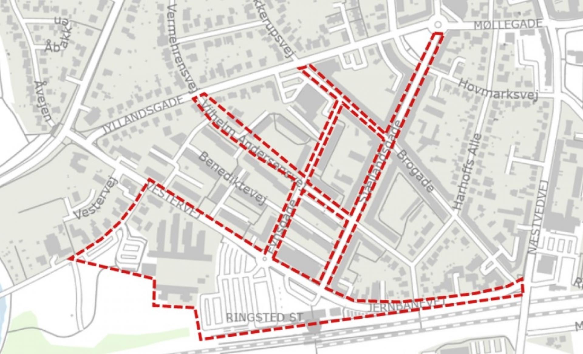 Det er i dette område i stationens nærområde, at arbejdet kommer til at stå på de næste 2,5 år. Illustration: Ringsted Forsyning og Ringsted Kommune