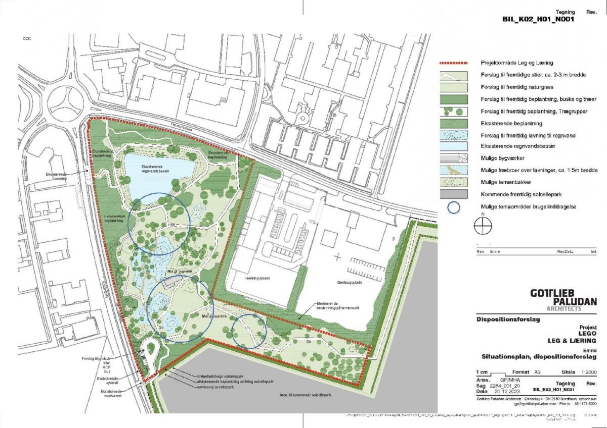 Skitseforslaget til, hvordan det nye område kan komme til at se ud. Projektet projekteres og anlægges på kommunal jord, og planen er, at Lego dækker udgifter til anlægget, hvorefter kommunen overtager driften.