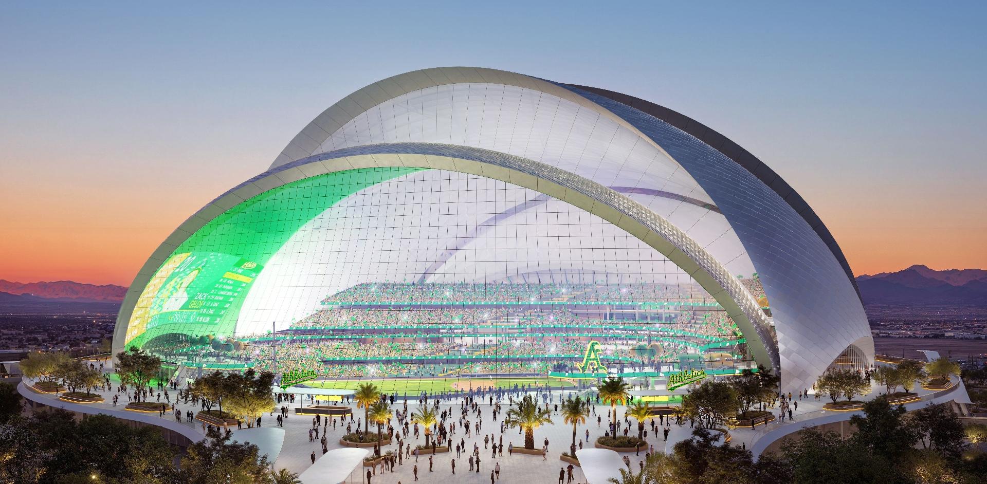 Stadionets tag giver skygge, samtidig med at vimplernes vinkling trækker dagslys ind i bygningen. En glasfacade for enden åbner det kuppelformede stadion ud mod byen og giver tilskuere panoramaudsigt over Las Vegas Strip. Rendering: Negativ.