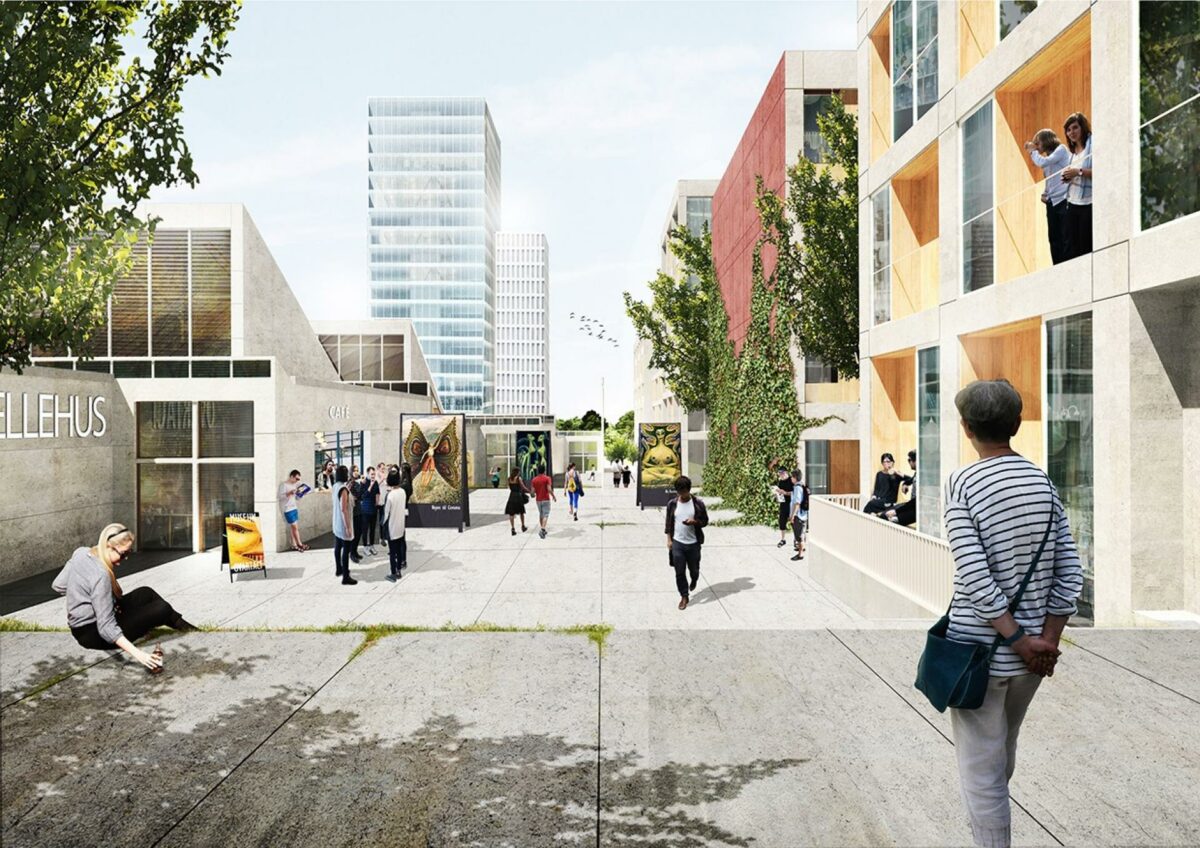 Den gamle journalisthøjskole bliver en central del af de nye bykvarter. Visualisering: Sleth Arkitekter.