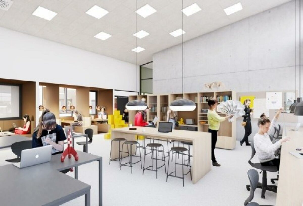 Et skandinavisk læringsrum skal sikre højere karaterer på Linsbjergskolen ved Aarhus. Det sikrer arkitekfirmaet Smak, som har specialiseret sig i uddannelsesbyggeri. Illustration: Smak.