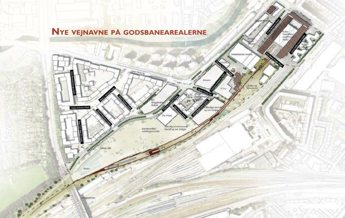 Det nye kvarter på Godsbanen i Aarhus får gadenavne opkaldt efter kulturpersoner fra 1970'erne. Kort: Aarhus Kommune.