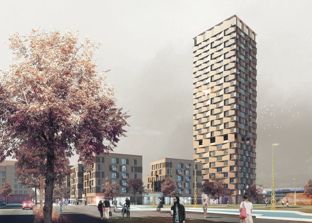 Ved byggeriet af højhuset Nordbro på Nørrebro i København er stenulden allerede på plads, når elementerne er i vater. Illustration: Rockwool.