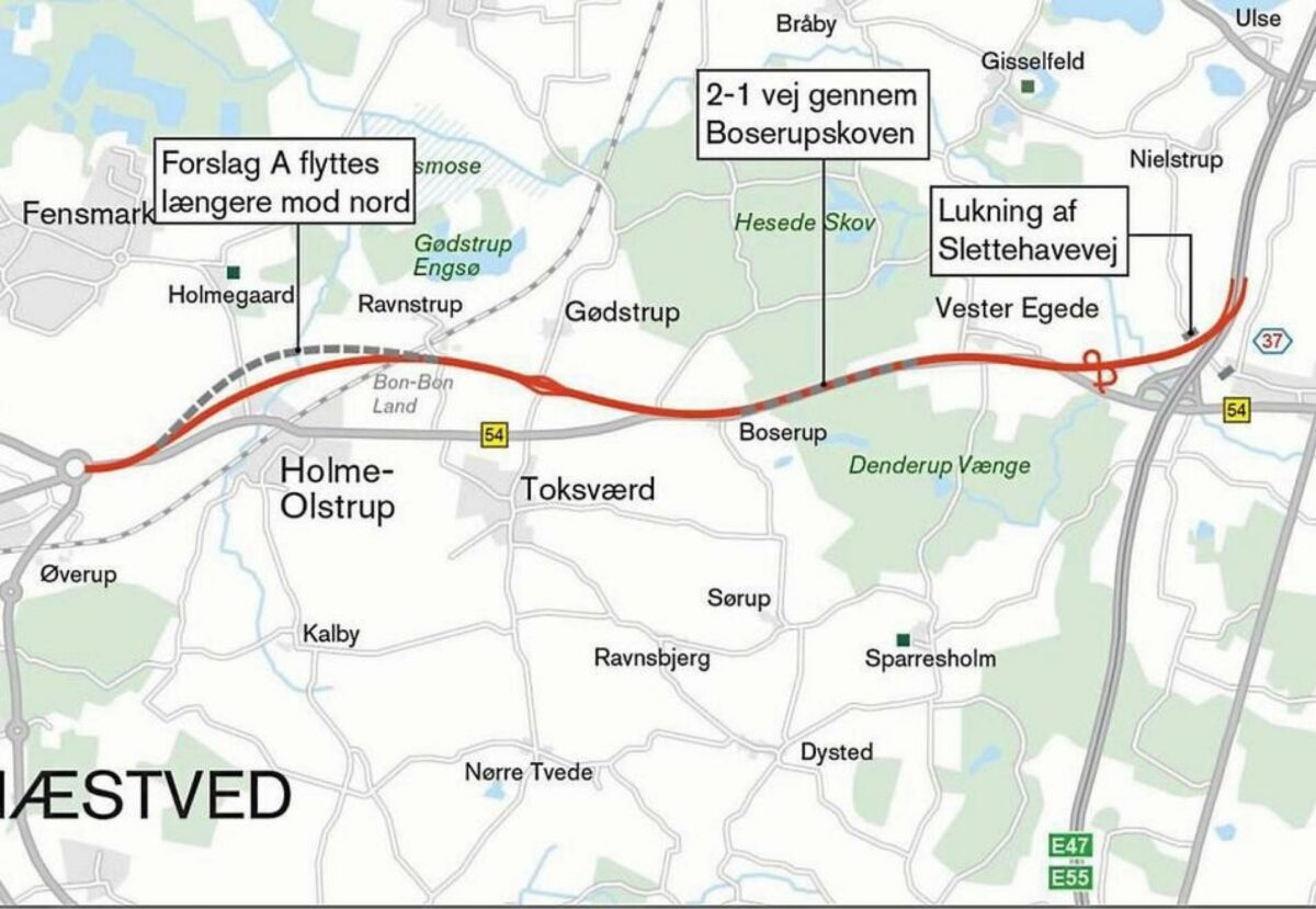 De penge - cirka 300 millioner kroner, som er afsat til tilkoblingensmotorvejen mellem Rønnede og Næstved, er hensat til 2022 i den seneste finanslov. Illustration: Vejdirektoratet.