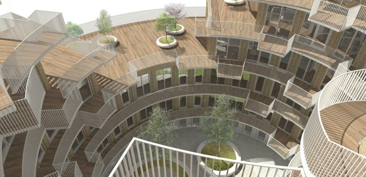 Det runde byggeri opføres i op til syv etager og får cirka 100 boliger. Visualisering: NIRAS og Gjøde & Partnere Arkitekter.