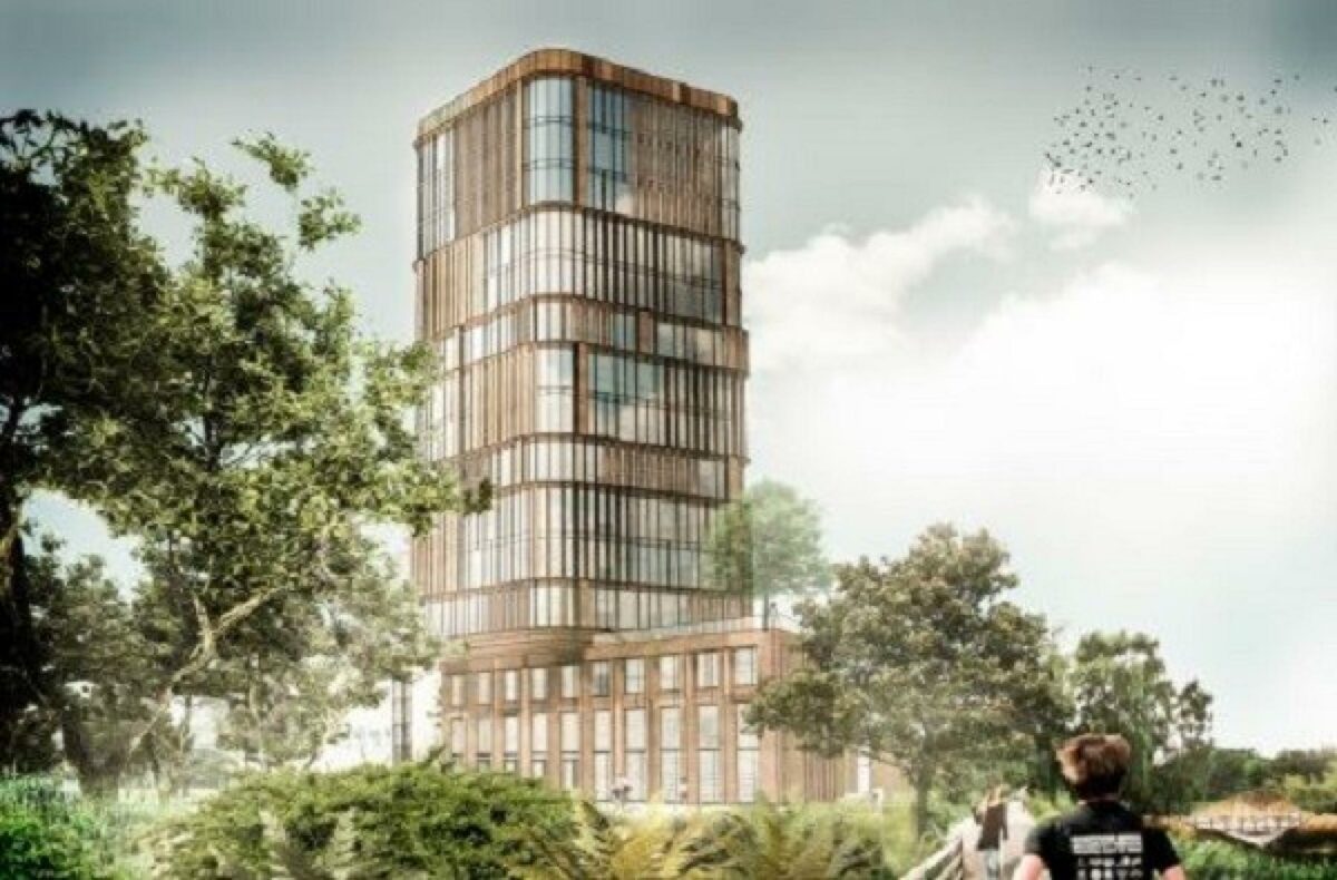 Der er lidt Axel Towers over IT-firmaets Systematics nye hovedkontor Aarhus. Bag designet står byggeselskabet Olav de Linde. Illustration: BASE Erhverv.