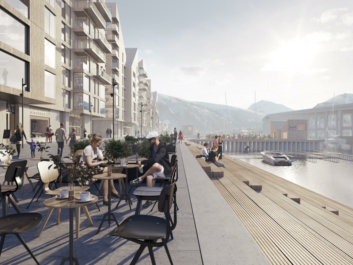 Aart architects og Peab Eiendomsutvikling Nord åbner for nye perspektiver på udviklingen af Tromsøs havnefront. Det sker med en ny helhedsplan, der skal positionere byen som "den arktiske hovedstad". Visualisering: Aart architechts.