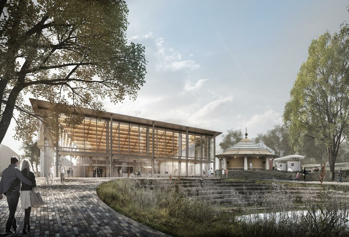 Ankomstbygningen bliver placeret i bunden af Botanisk Have. Visualisering: Cubo Arkitekter.