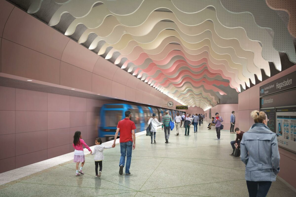 Stockholm Metro udvider med 20 kilometer og 11 nye stationer til en anslået værdi på 14.7 milliarder svenske kroner. Visualisering: Stockholm Extended Metro Administration.