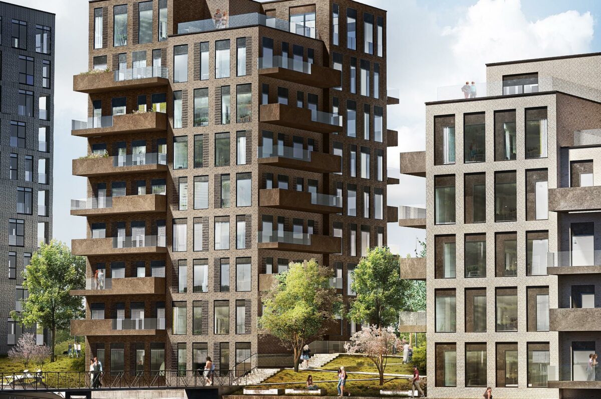 Visualisering af de to nye boligtårne på Havneøen i Vejle. Visualisering: Arkitema Architects.