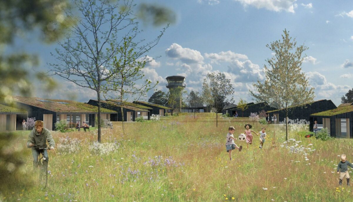 Bofællesskabet Mageløse, som Danhaus er ved at opføre på grunden, hvor Flyvestation Værløse lå i mange år. Bebyggelsen er tegnet af Henning Larsen Architects.