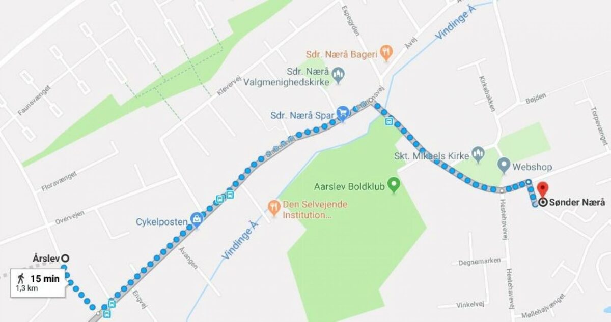 Der er ikke mere end en rask gåtur på 1,3 kilometer mellem Årslev og Sønder Nærå. Fremover skal de slås sammen til en by: Screendump: Google Maps.