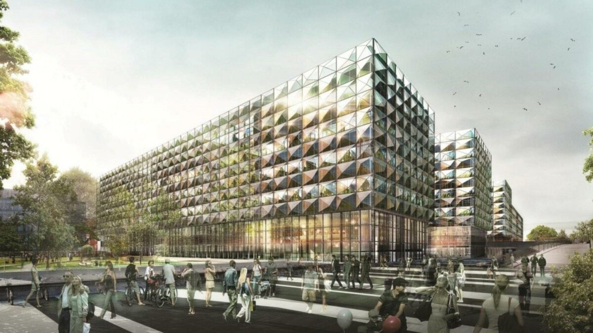 35 bannere på hver tre meter hænger nu på byggepladshegnet til den nye Niels Bohr Bygning. Visualisering: Vilhelm Lauritzen Arkitekter samt Christensen & Co Architects.