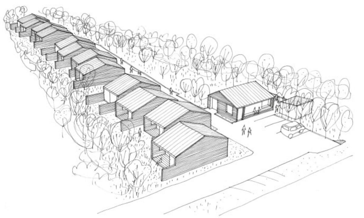 De skæve boliger bliver rækkehuse i ét plan med en lille baghave. Dertil kommer et fælleshus. Visualisering: Leth & Gori.