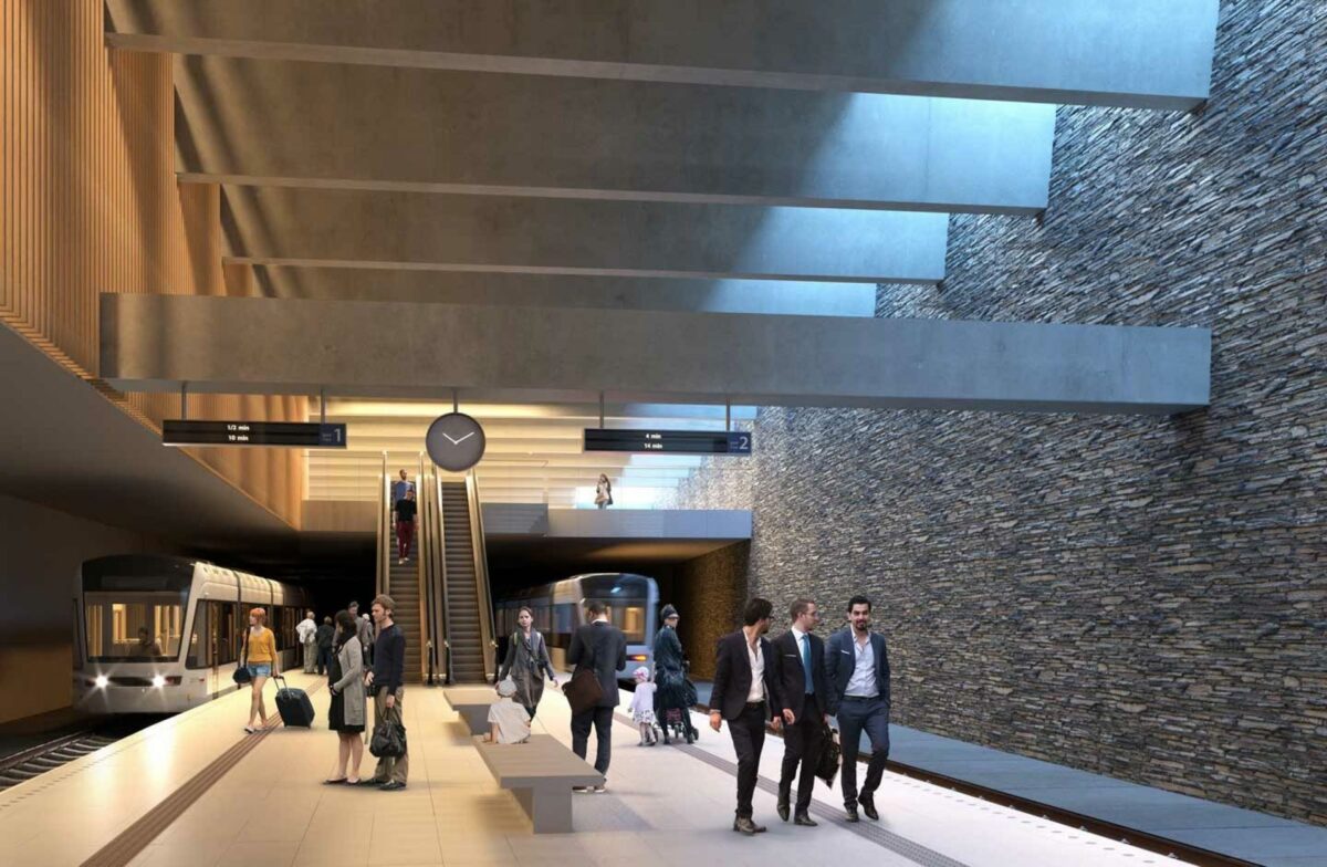 Fornebubanen er Oslos største udbygning af kollektiv transport i mange årtier. Visualisering: Gottlieb Paludan Architects.