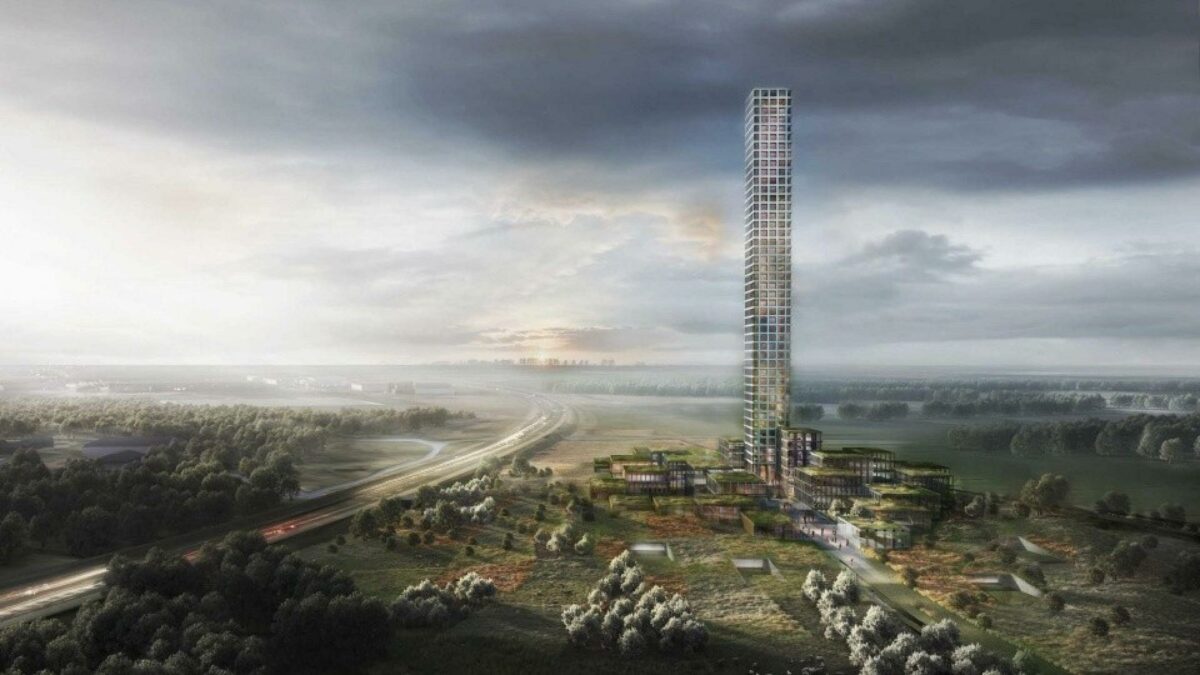 Eiffeltårnet er 300 meter højt. Det nye tårn i Bestseller Tower & Village bliver formentlig 320 meter højt. Foreløbig visualisering: Bestseller.