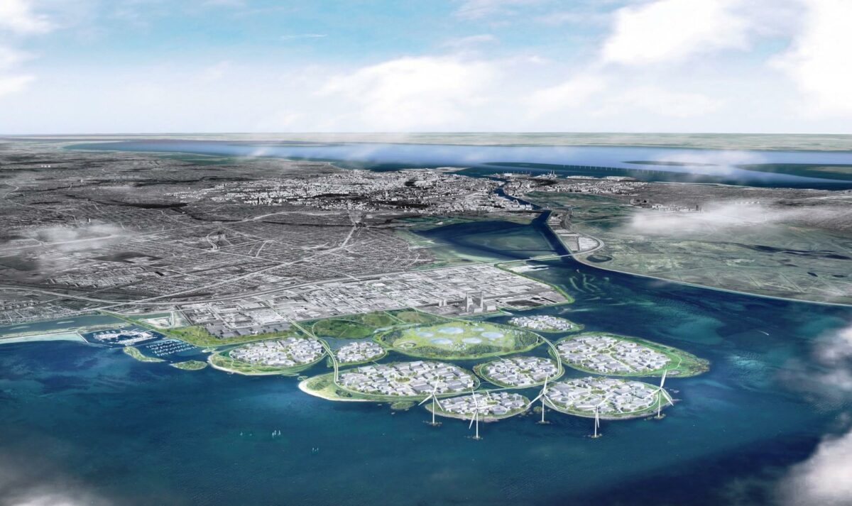 Sådan skulle et luftfoto af Avedøre Holme i forgrunden gerne se ud om nogle år. Regeringen har lanceret endnu en spektakulær ø-plan. Foto: Urban Power for Hvidovre Kommune.