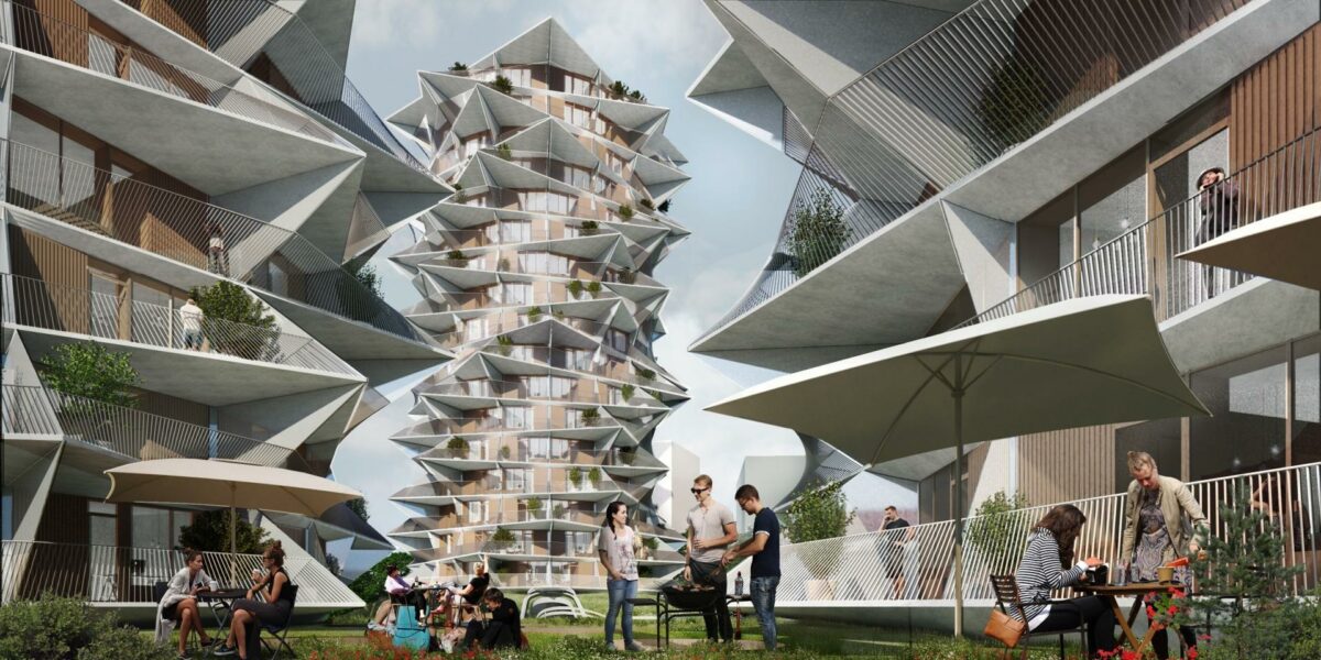 BIG har tegnet kaktus-tårnene i Esbjerg, men der er nu sået tvivl om, hvorvidt der kommer de lovede 450 studiboliger på havnen. Illustration: BIG.