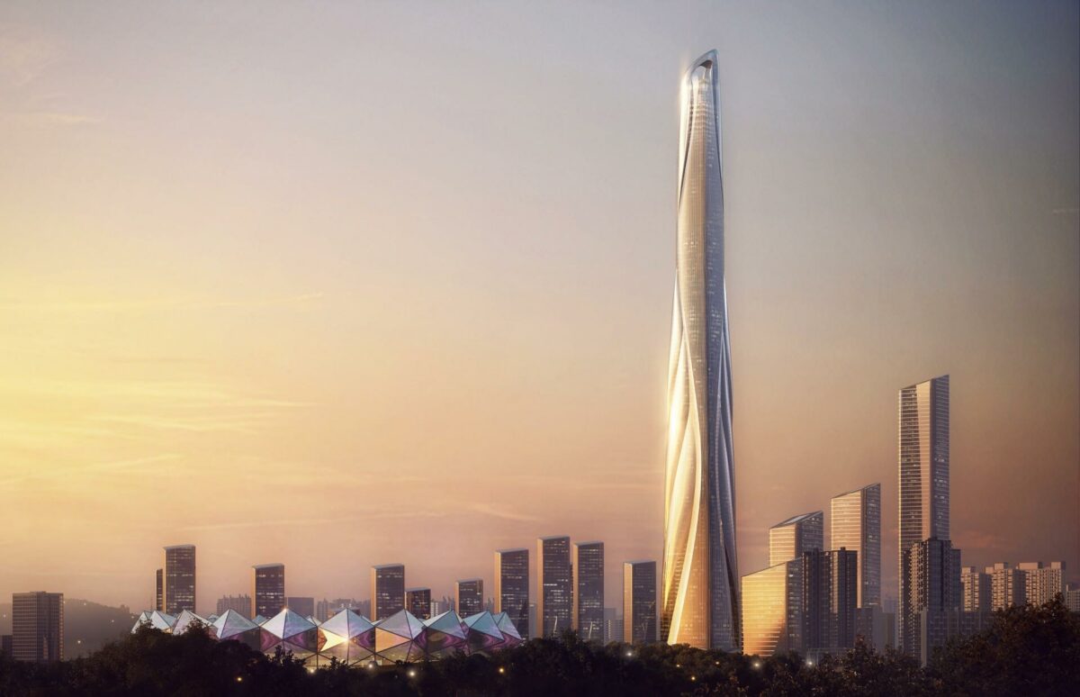Bygningen kommer til at ligge lige på grænsen mellem Kina og Hong Kong. Visualisering: Adrian Smith + Gordon Gill Architecture