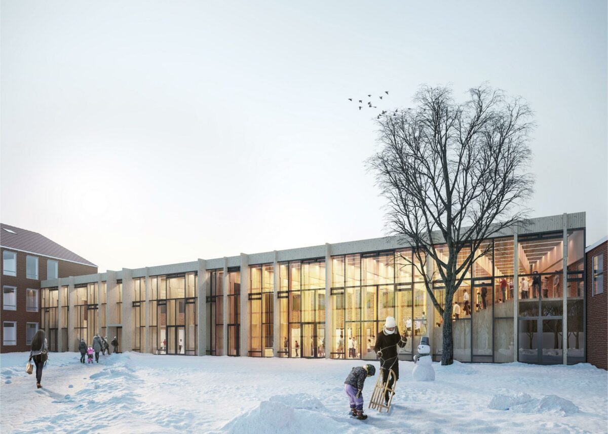 Skolen skal være omdrejningspunkt i lokalsamfundet, mener man hos Kant Arkitekter. Visualisering: Kant Arkitekter.