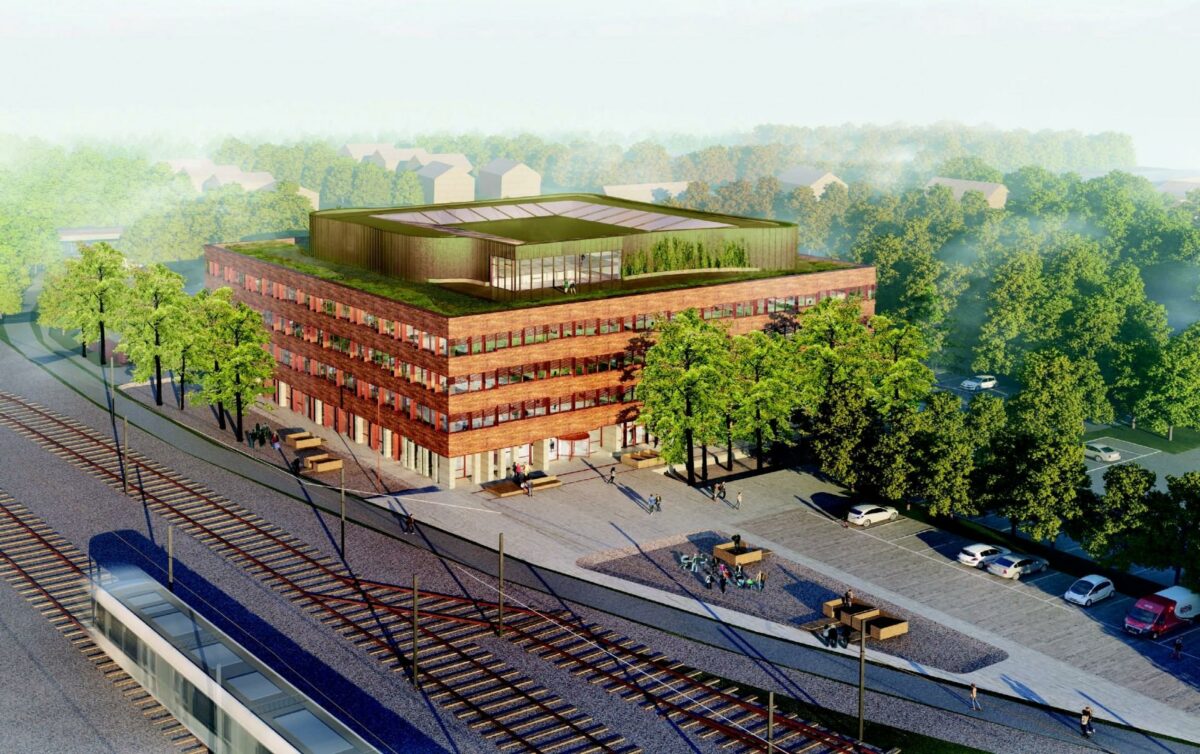 Sådan skulle Banedanmarks nye kontorhus i Ringsted gerne tage sig ud, når det står færdigt i 2020. Byggeriet er igangsat som et OPP-projekt. Illustration: Hennings Larsen Architects.