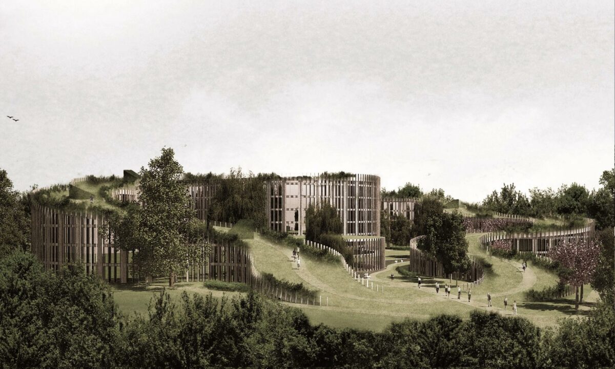 BaseCamp Skovbrynet har Lars Gitz Arkitekter ApS som arkitekt, mens Kragh & Berglund er landskabsarkitekter på projektet. Visualisering: Lars Gitz Arkitekter.