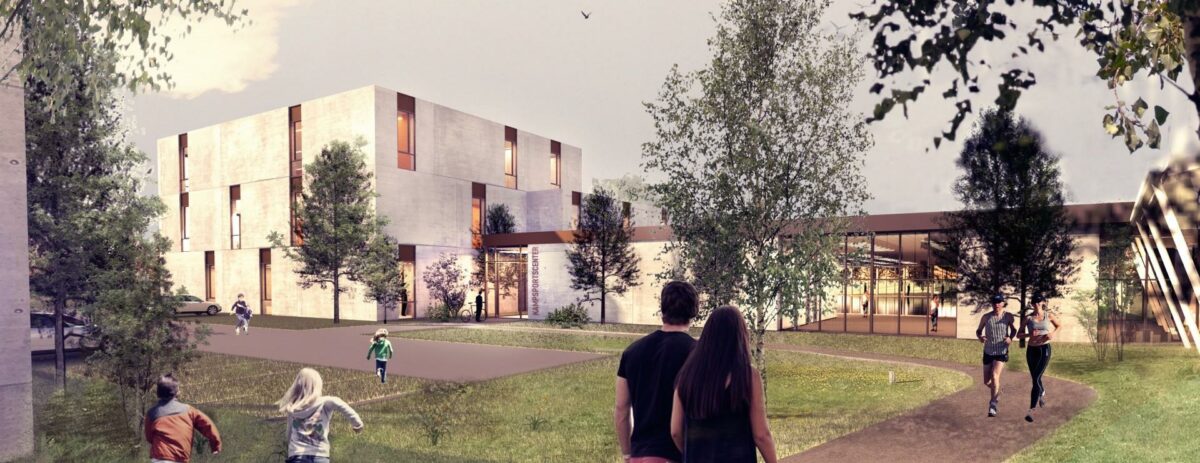 Det nye kampsportcenter skal stå færdigt i efteråret 2020. Visualisering: Skala Arkitekter.