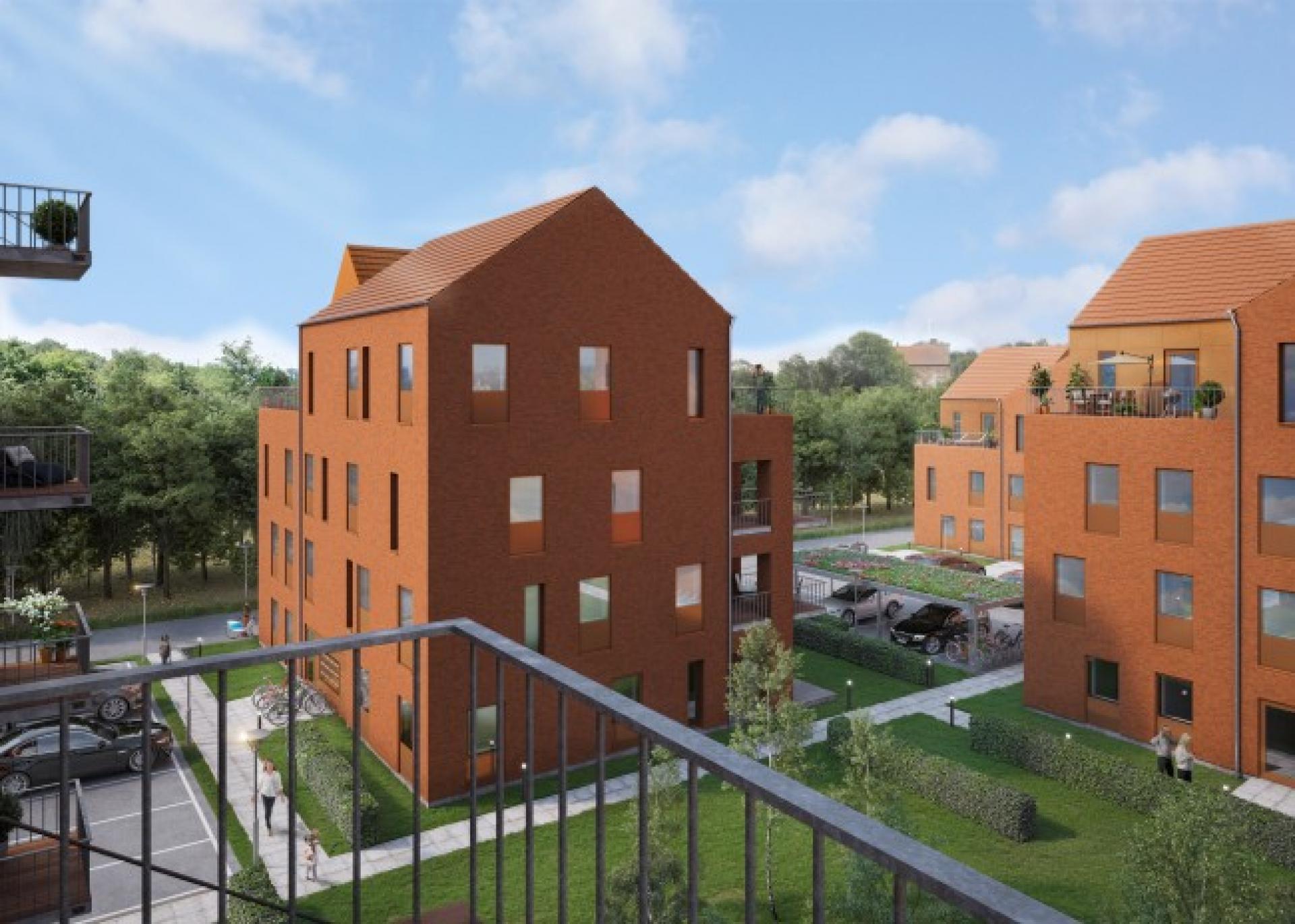 Onsdag den 24. april tager Raundahl & Moesby første spadestik til boligprojektet Koldinghave med seks varierende punkthuse tegnet af Cebra Architecture. Visualisering: Cebra Architecture.