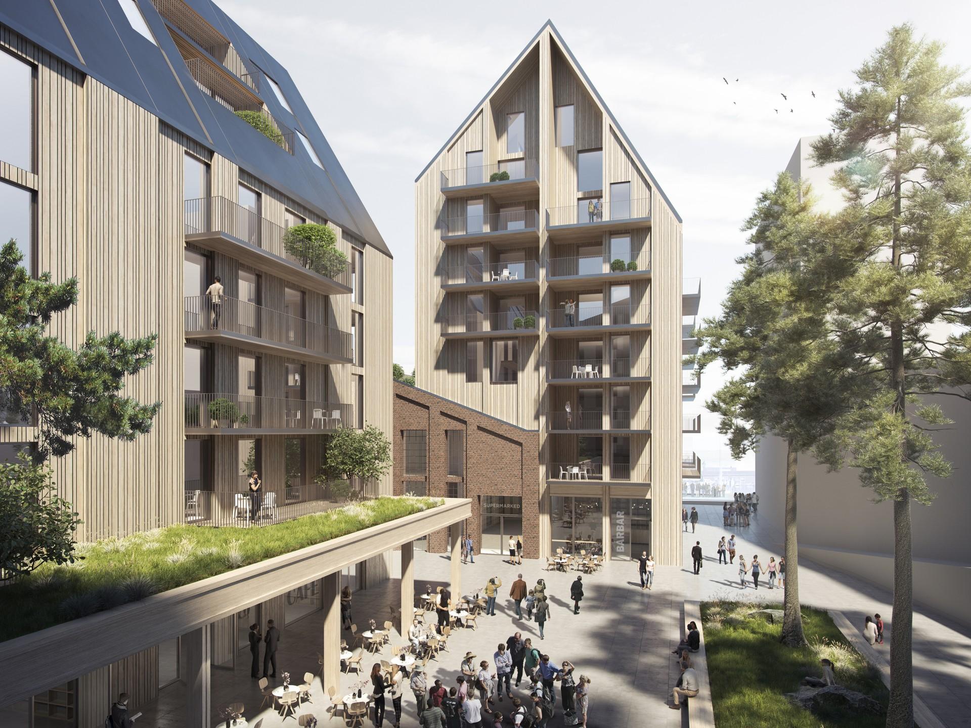 Projektet vil omfatte mellem 100-120 nye boliger samt erhverv. Visualisering: Aart Architects og Asplan Viak.