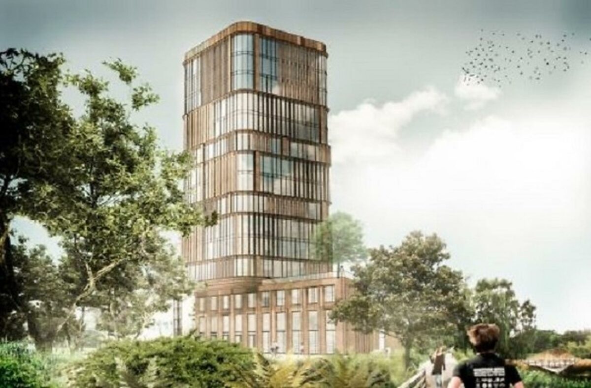 Base Erhverv har vundet hovedentreprisen på højhuset. Visualisering: Erik Arkitekter.