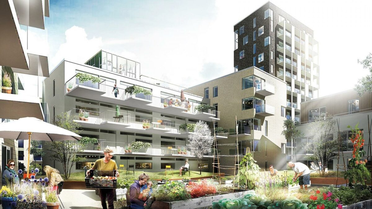 Udviklingsplanen omhandler 400 boliger og 8.000 kvm. erhverv samt byrum. Visualisering: Juul Frost Arkitekter.