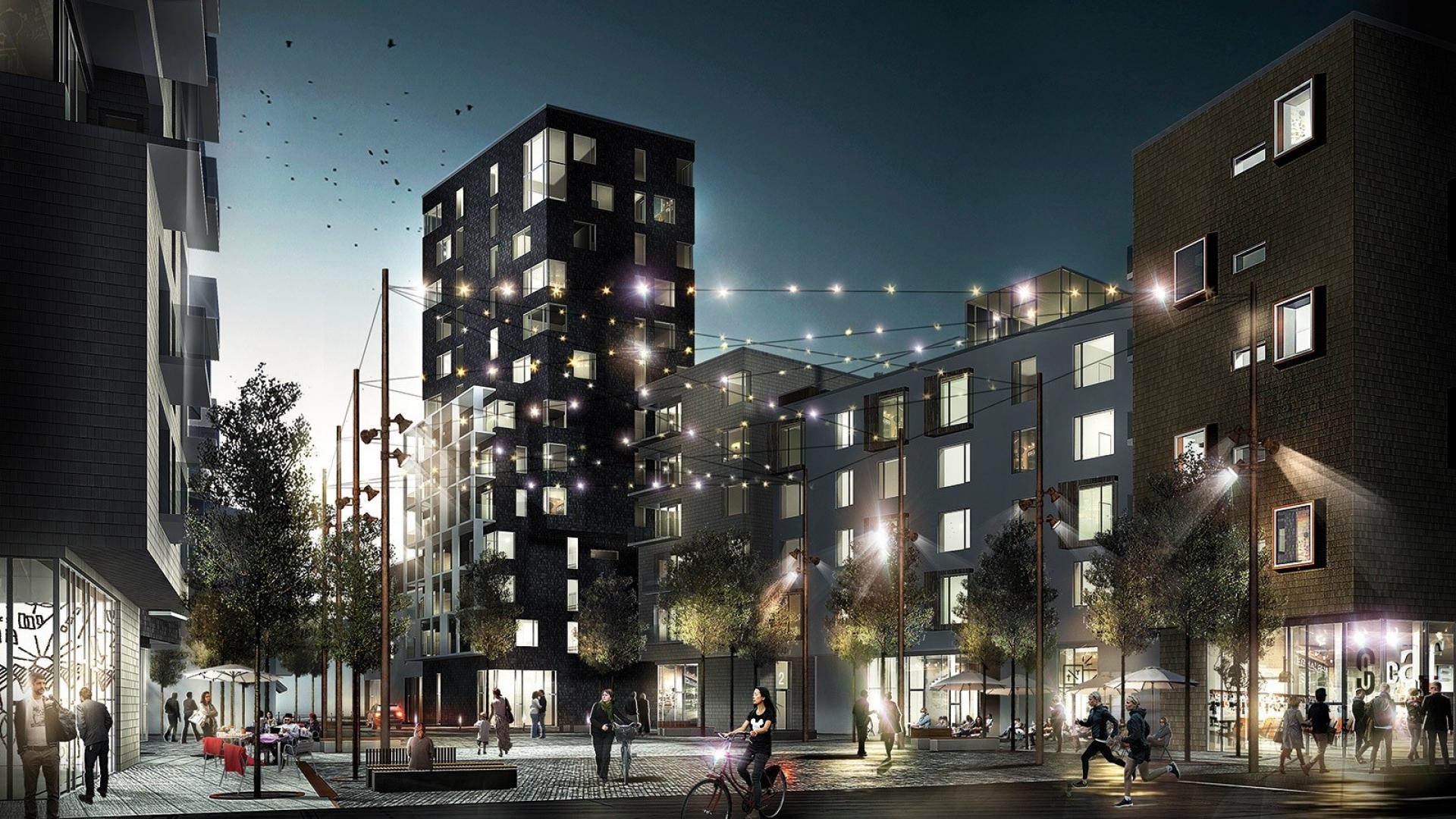 Östra Sala Backe ligger i et forstadsmiljø tæt på Uppsala centrum. Visualisering: Juul Frost Arkitekter.