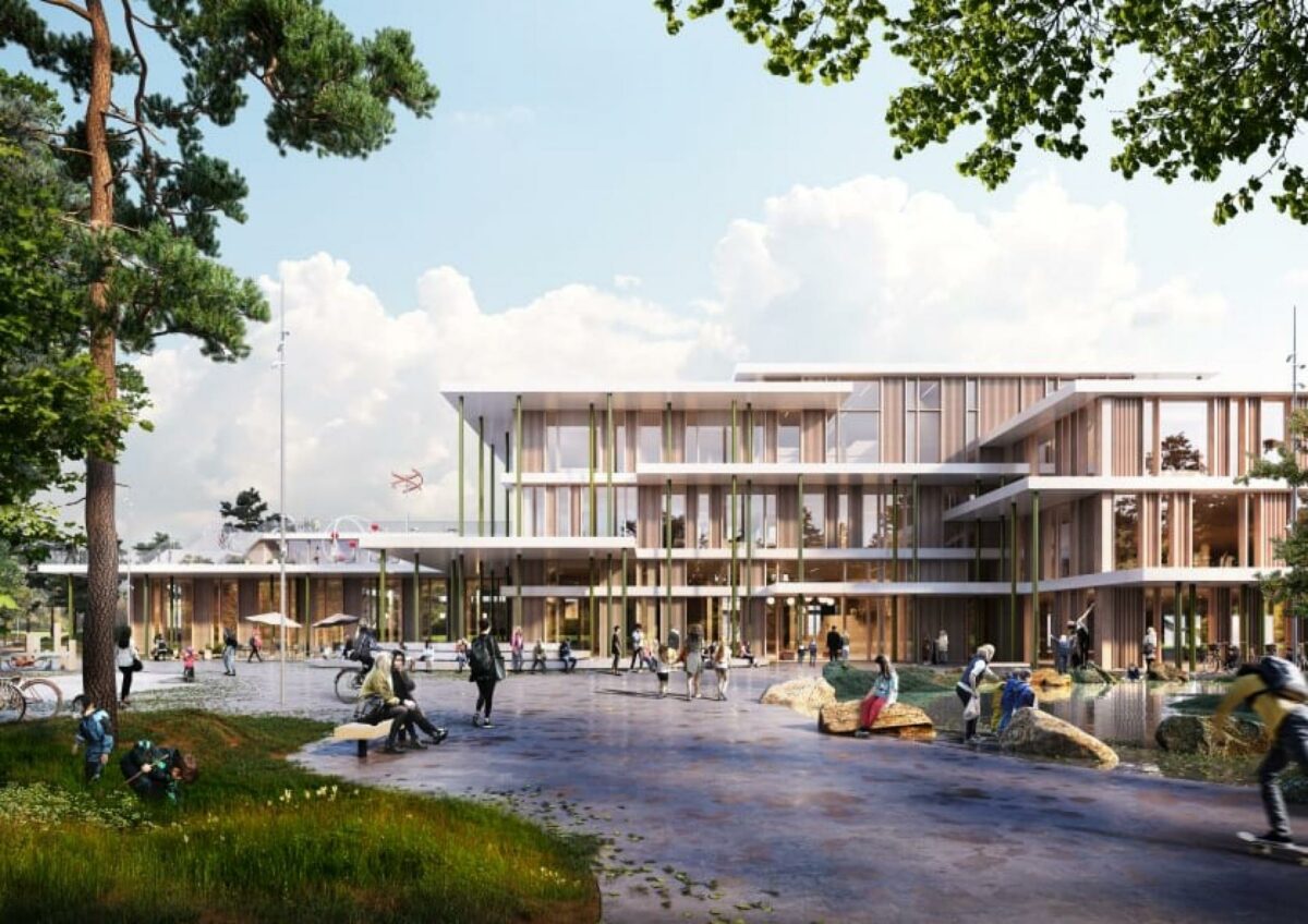 Sådan her kan ankomsten til Overlund Skole komme til at se ud. Visualisering: Arkitema.