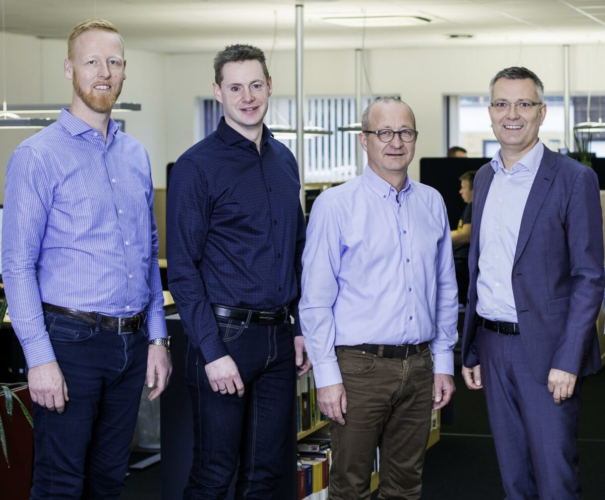 Fra venstre: ejerne Marinus Møller, Kristoffer Jørgensen og Peter Gasberg samt bestyrelsesformand Mikael Vest. Foto: Frandsen & Søndergaard.