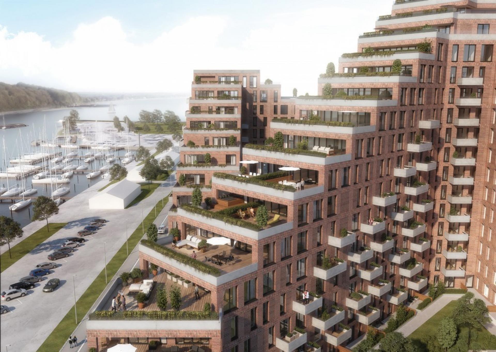 Projektet består af mere end 240 boliger og 6.000 kvadratmeter erhverv. Visualisering: Aart Architects.