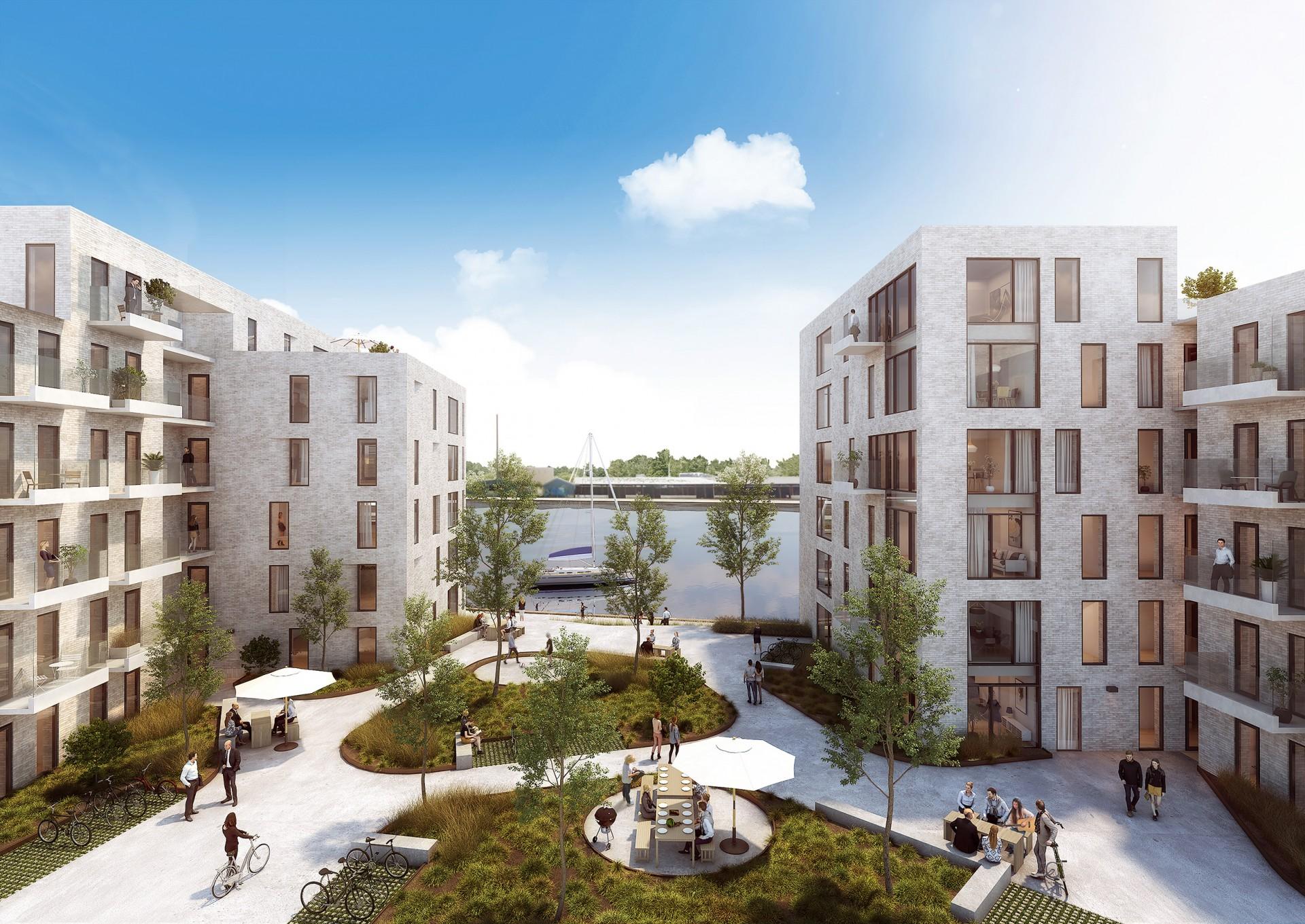 Byggeriet er planlagt til at blive opført i tre bygninger hovedsageligt i fire og punktvis i seks etager. Visualisering: Ginnerup Arkitekter.